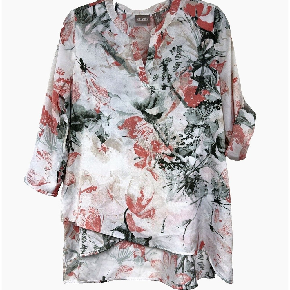 Chico’s Floral Clarissa Top Blouse Size 0 Small Asymmetrical Roll-Tab Multicolor